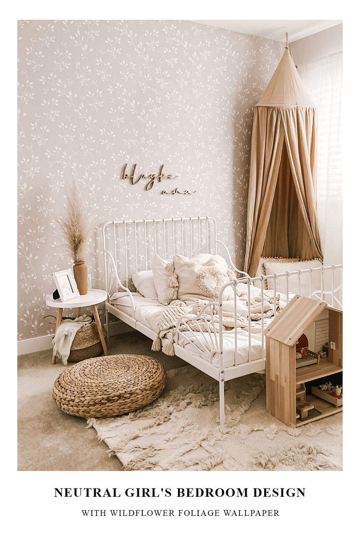 Neutral Girl's Bedroom Design With Wildflower Foliage Wallpaper