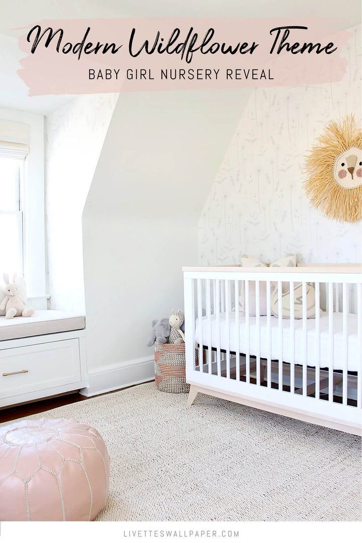 Modern white baby girl nursery interior with soft blush pink and rattan interior decor