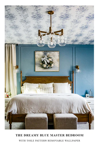 The dreamy blue master bedroom featuring Toile pattern removable wallpaper