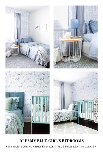 Dreamy Blue Girl's Bedrooms With Rain Blue Paintbrush Maze & Blue Palm Leaf Wallpapers