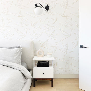 Origami crane design wallpaper in neutral color for minimal modern boys room interior