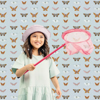 Blue vintage style girls room wallpaper with colorful butterflies
