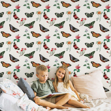 Colorful vintage butterfly meadow wallpaper for kids interiors