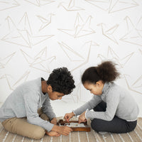 Modern origami crane design wallpaper in scandinavian style kids playroom