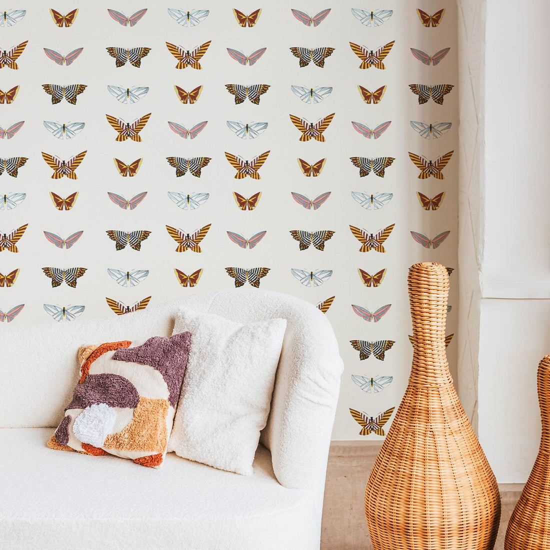 Vintage butterfly design wallpaper in bohemian girls room interior