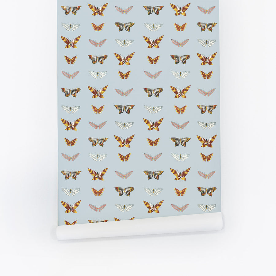 Blue vintage butterflies wallpaper with colorful african design