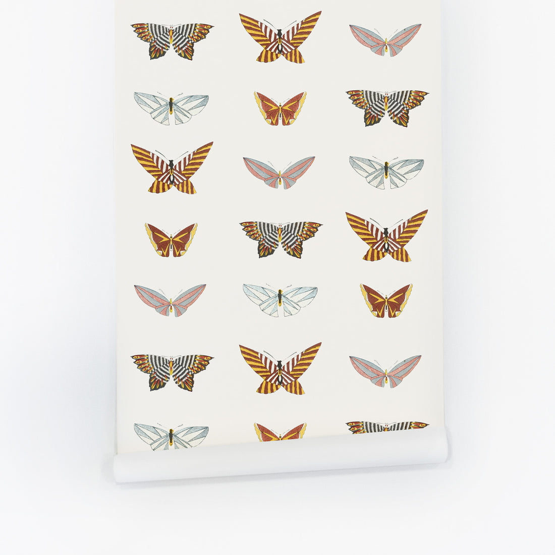 Vintage design butterfly wallpaper with graphic pattern wings and off white background