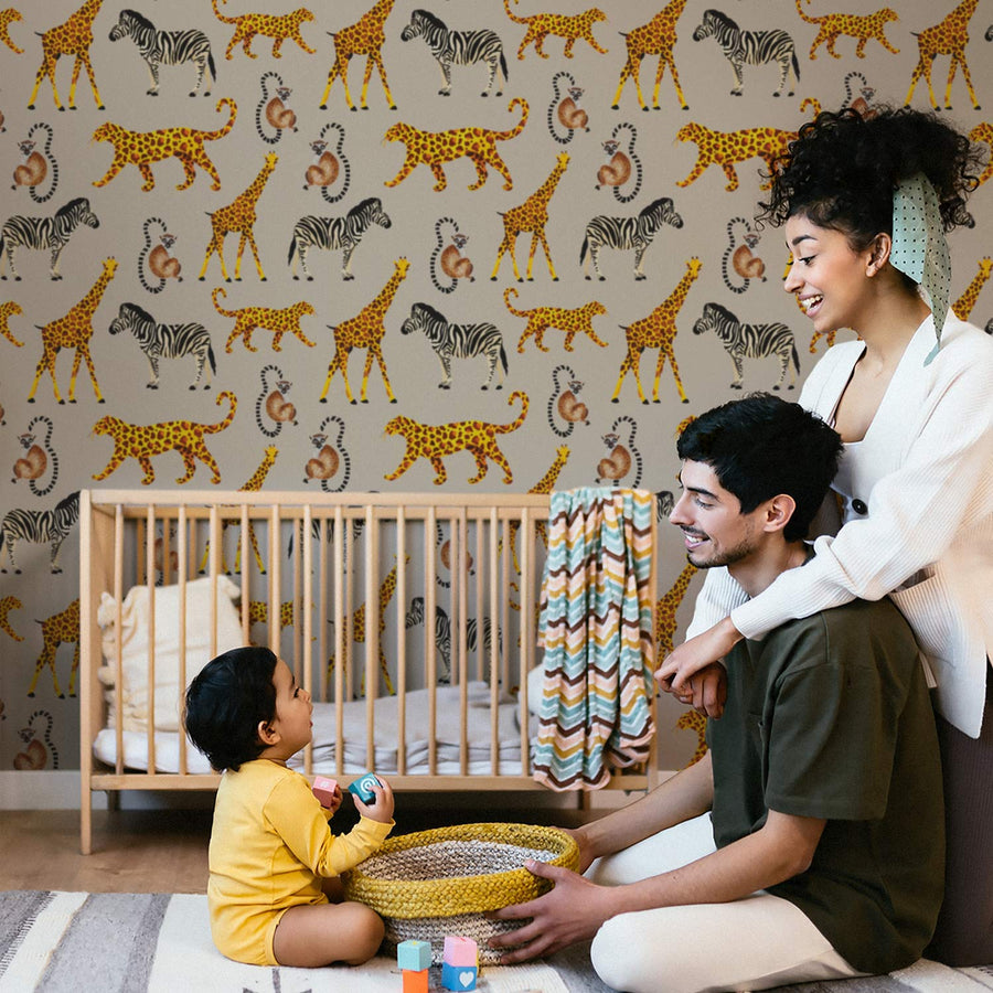 safari animals on african wallpaper for cute nursery