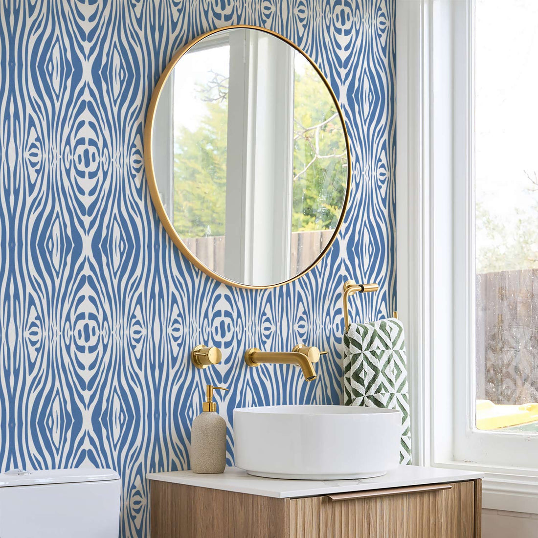 wild blue tiger pattern wallpaper for coastal bathroom