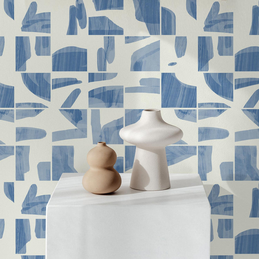 blue tile design wallpaper for coastal interior