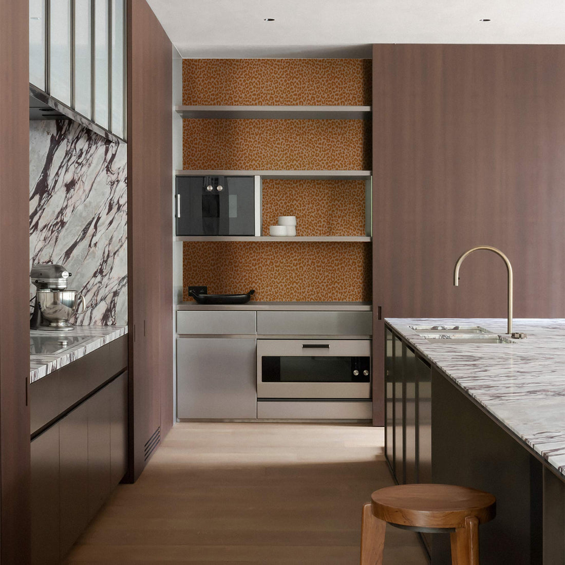 Modern luxury kitchen interior with viola marble dark wood cabinets and eclectic cheetah print wallpaper
