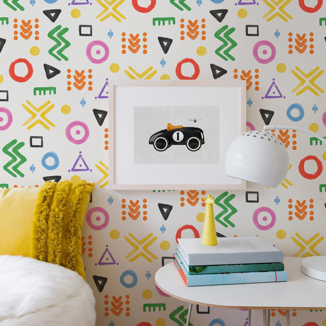 colorful kids room interior with afrucan print wallpaper