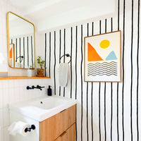 Bold kids bathroom interior with stripes design wallpaper