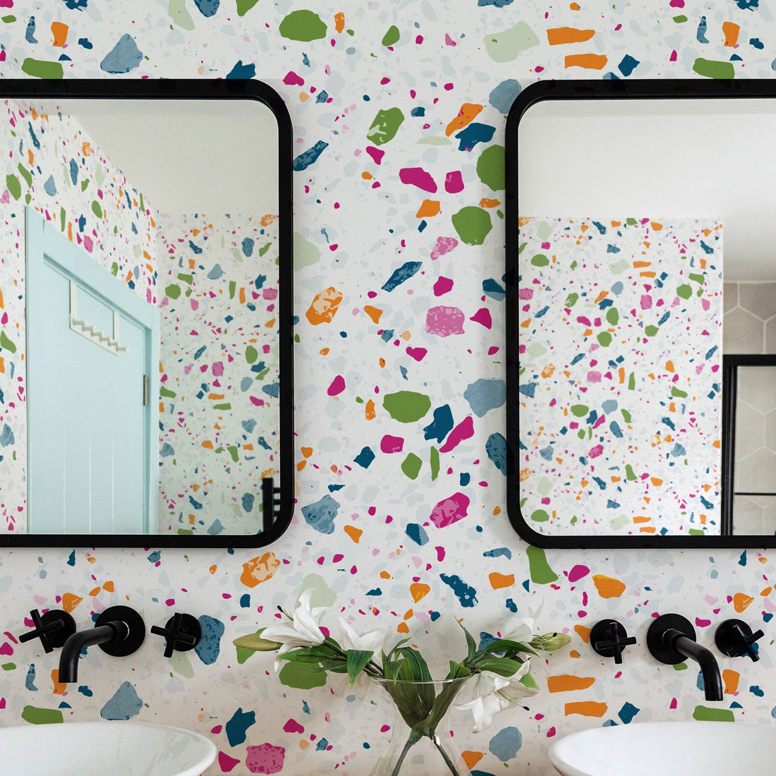 Modern kids bathroom interior with colorful terrazzo design wallpaper
