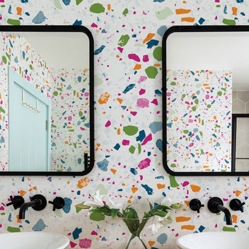 Modern kids bathroom interior with colorful terrazzo design wallpaper