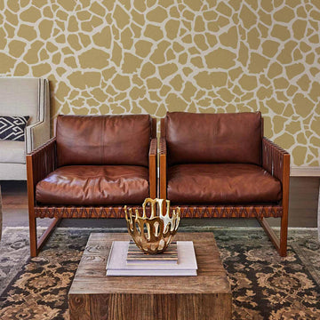 african inspired interior with giraffe patterned wallpaper in brown