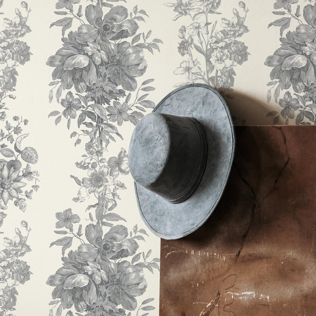 elegant grey wallpaper design with vintage florals