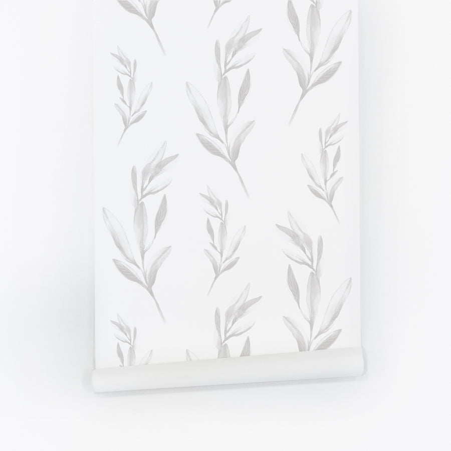 white and grey removable wallpaper with botanical leaves motif