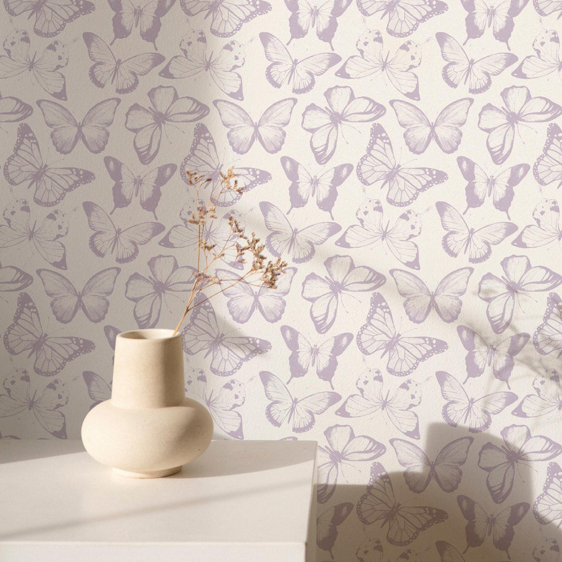 Lavender watercolor butterflies wallpaper in light girls room interior