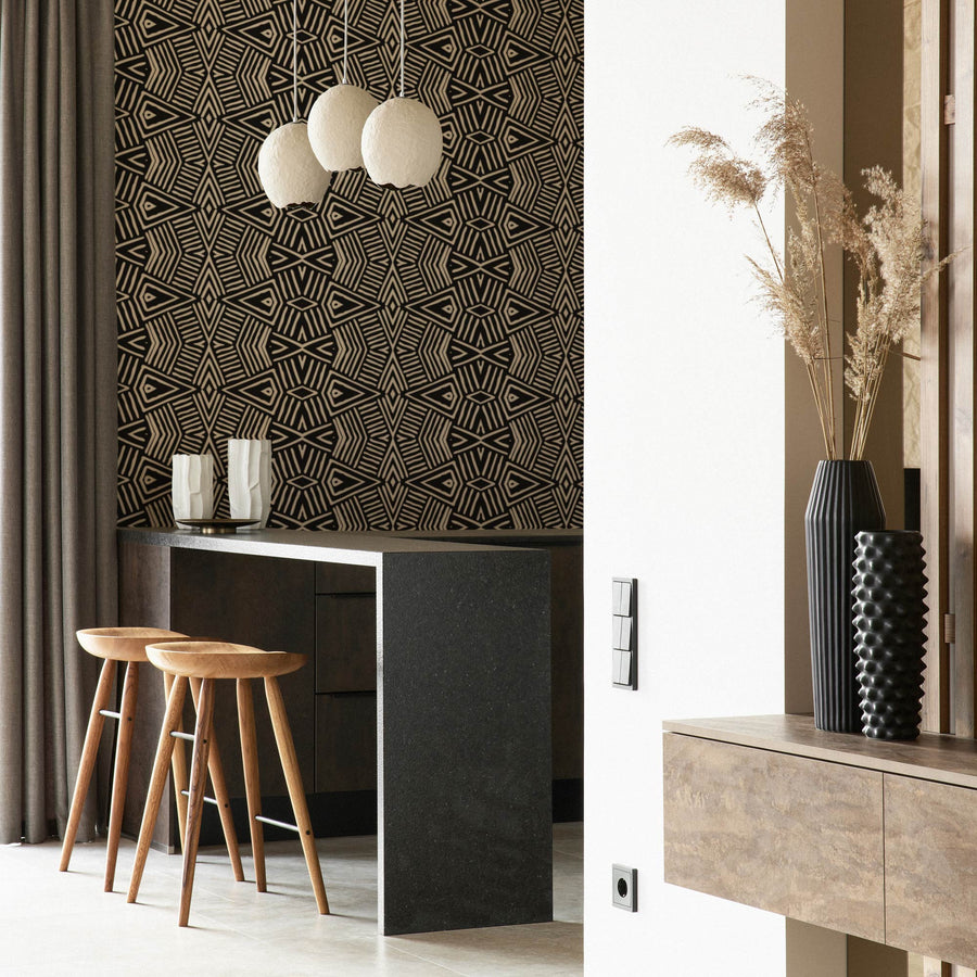 modern minimalistic apartment interior with tribal accent wallpaper