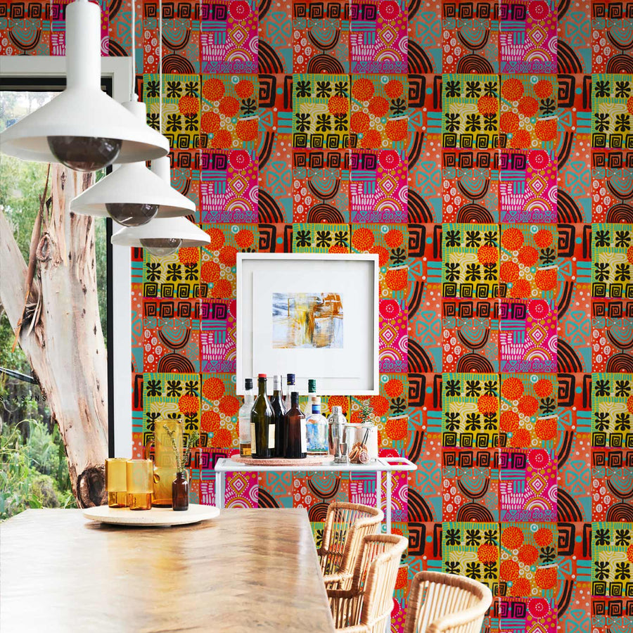modern african tapestry inspired wallpaper for bright kitchen
