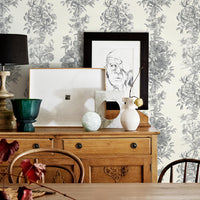 modern dining room interior with grey vintage floral print wallpaper