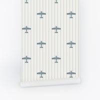 tiny airplane print wallpaper with stripes in peel and stick