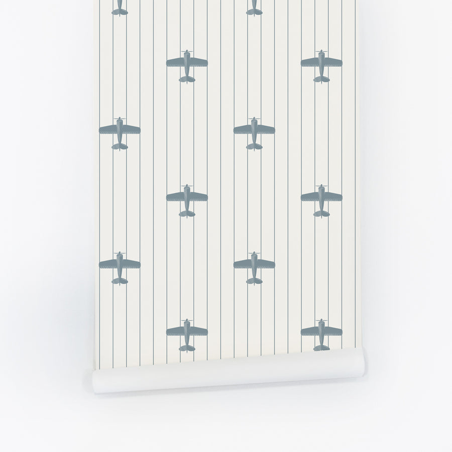 tiny airplane print wallpaper with stripes in peel and stick