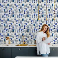 retro blue cocktail glasses pattern wallpaper
