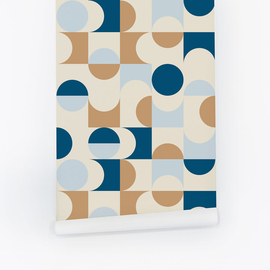 blue removable wallpaper with retro geometric shapes