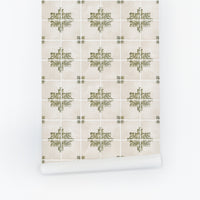Elegant vintage tile removable wallpaper in olive green and soft beige color