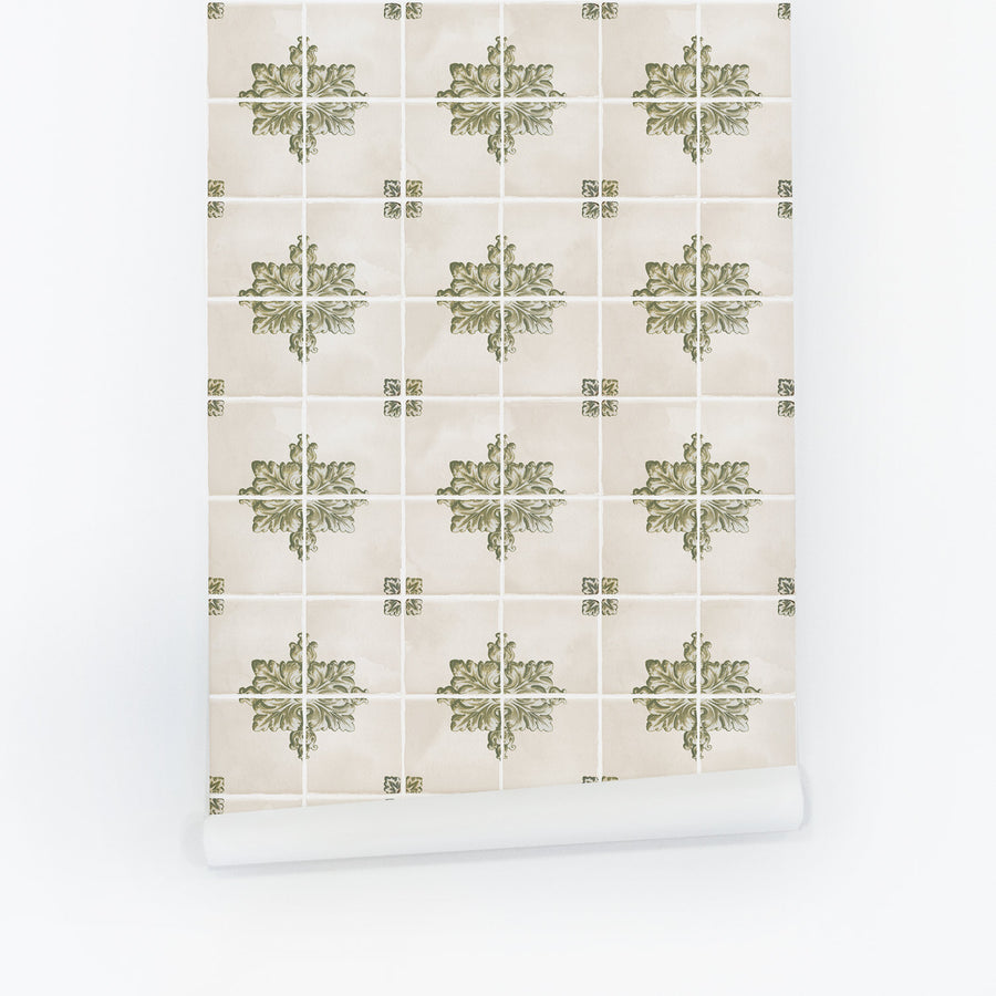 Elegant vintage tile removable wallpaper in olive green and soft beige color