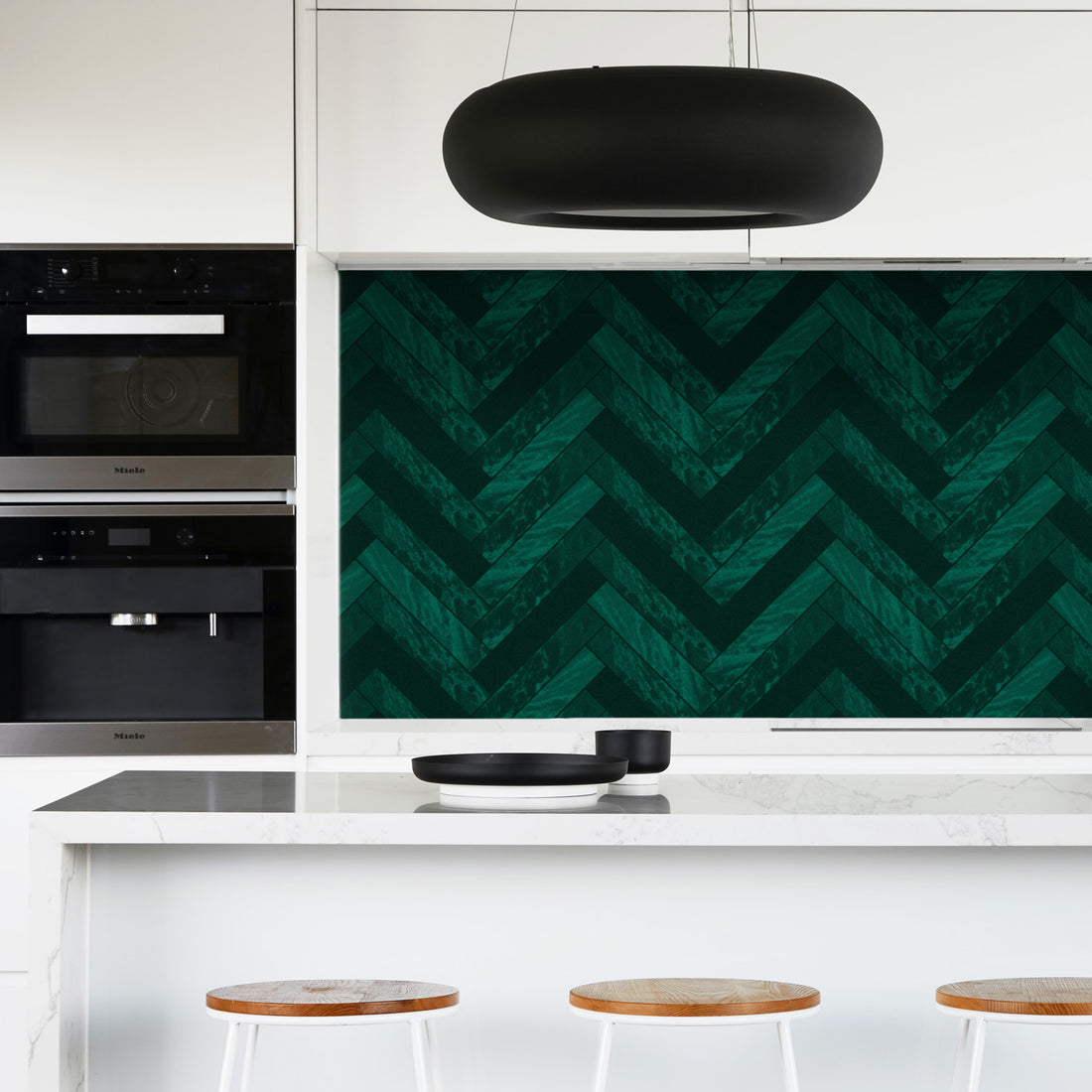 white kitchen with elegant green marble peel and stick backsplash