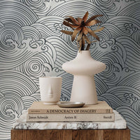 Silver Japanese Wave Pattern Metallic Wallpaper