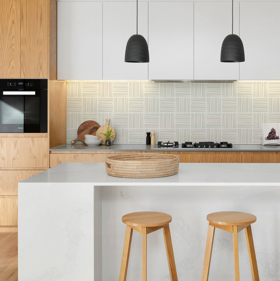 modern kitchen peel and stick backsplash with abstract lines