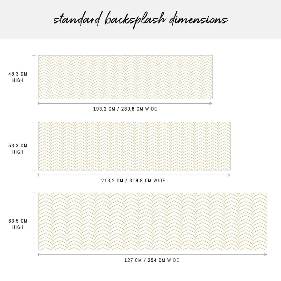 dimensions of peel and stick backsplash in faux gold chevron pattern