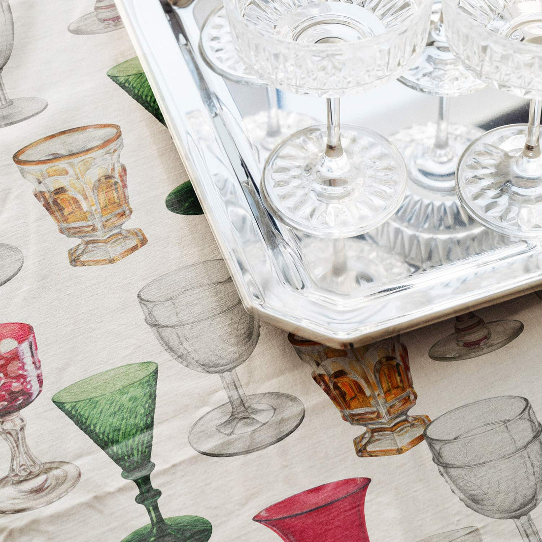 vintage cocktail glass patterned tableclotch