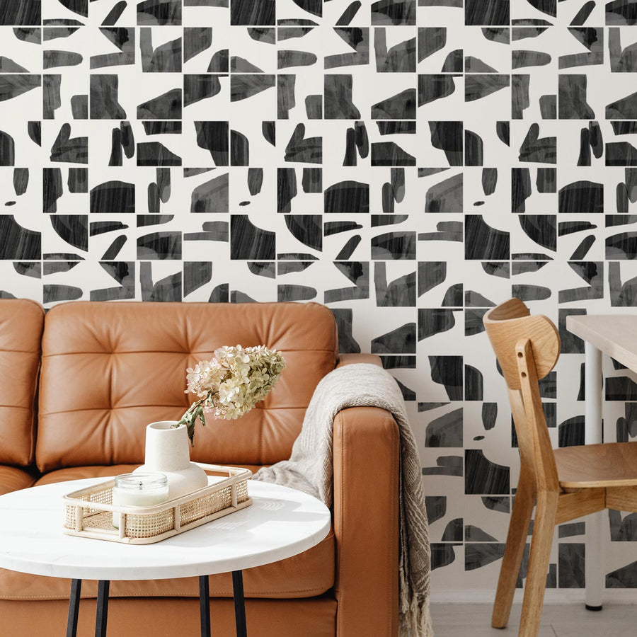 black and white wood inspired wallpaper in living room interior
