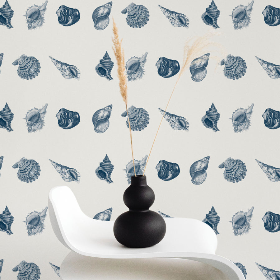 vintage seashells pattern removable wallpaper in navy blue