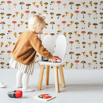 colorful mushroom print wallpaper for minimal bohemian style kids bedroom