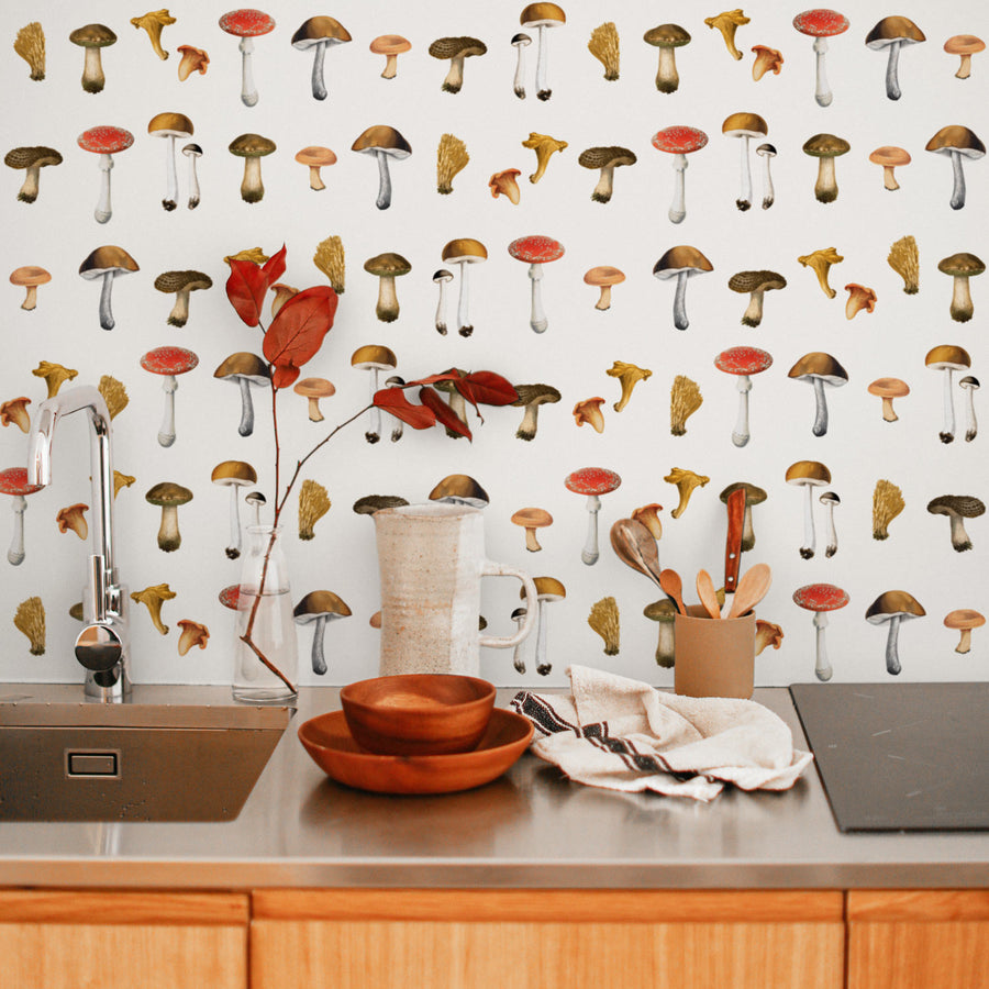modern kitchen with colorful mushrooms pattern wallpaper peel and stick