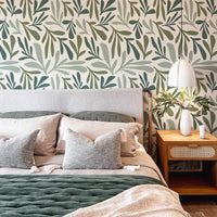 modern green floral motif wallpaper in bedroom interior
