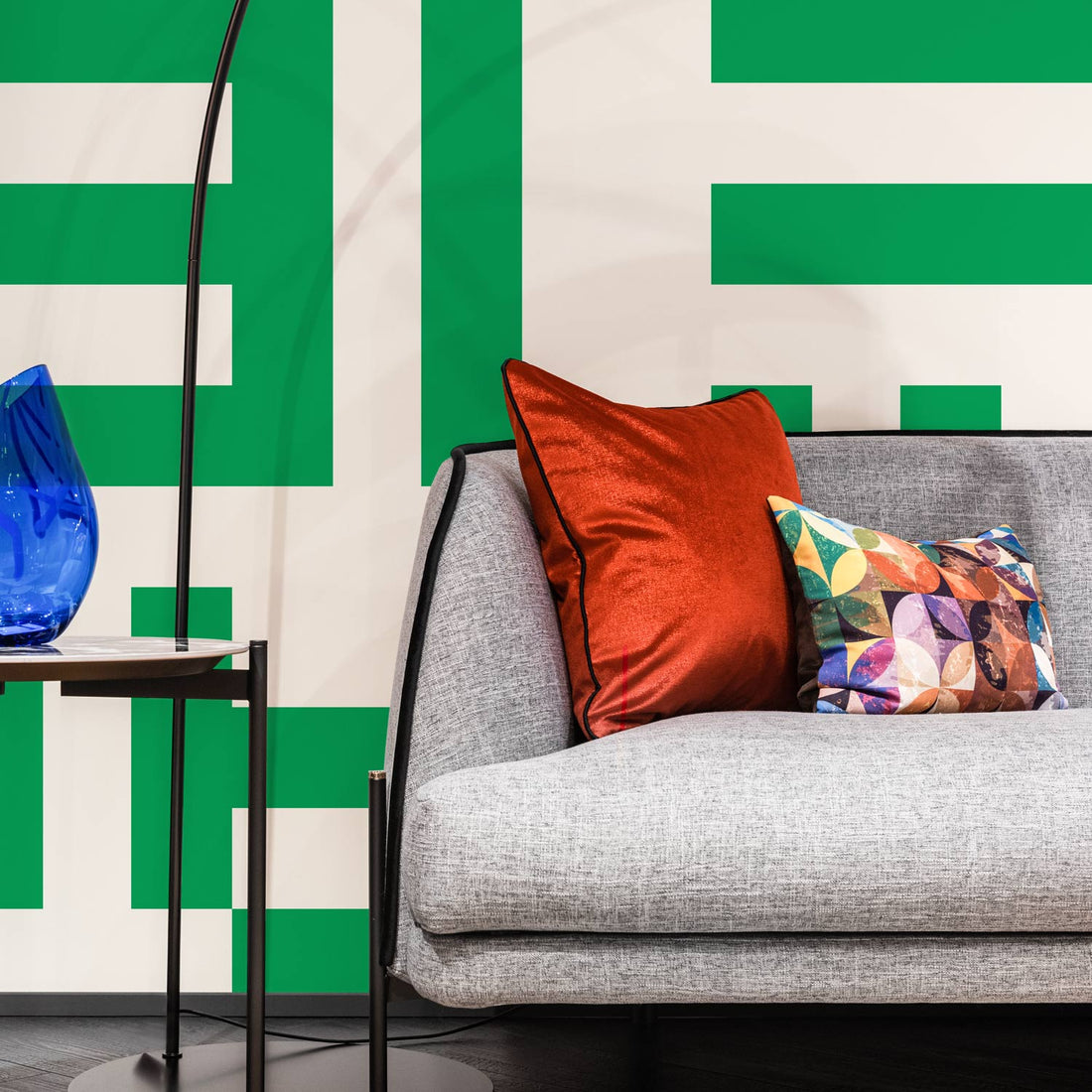 large green lines print wall mural for living room interior