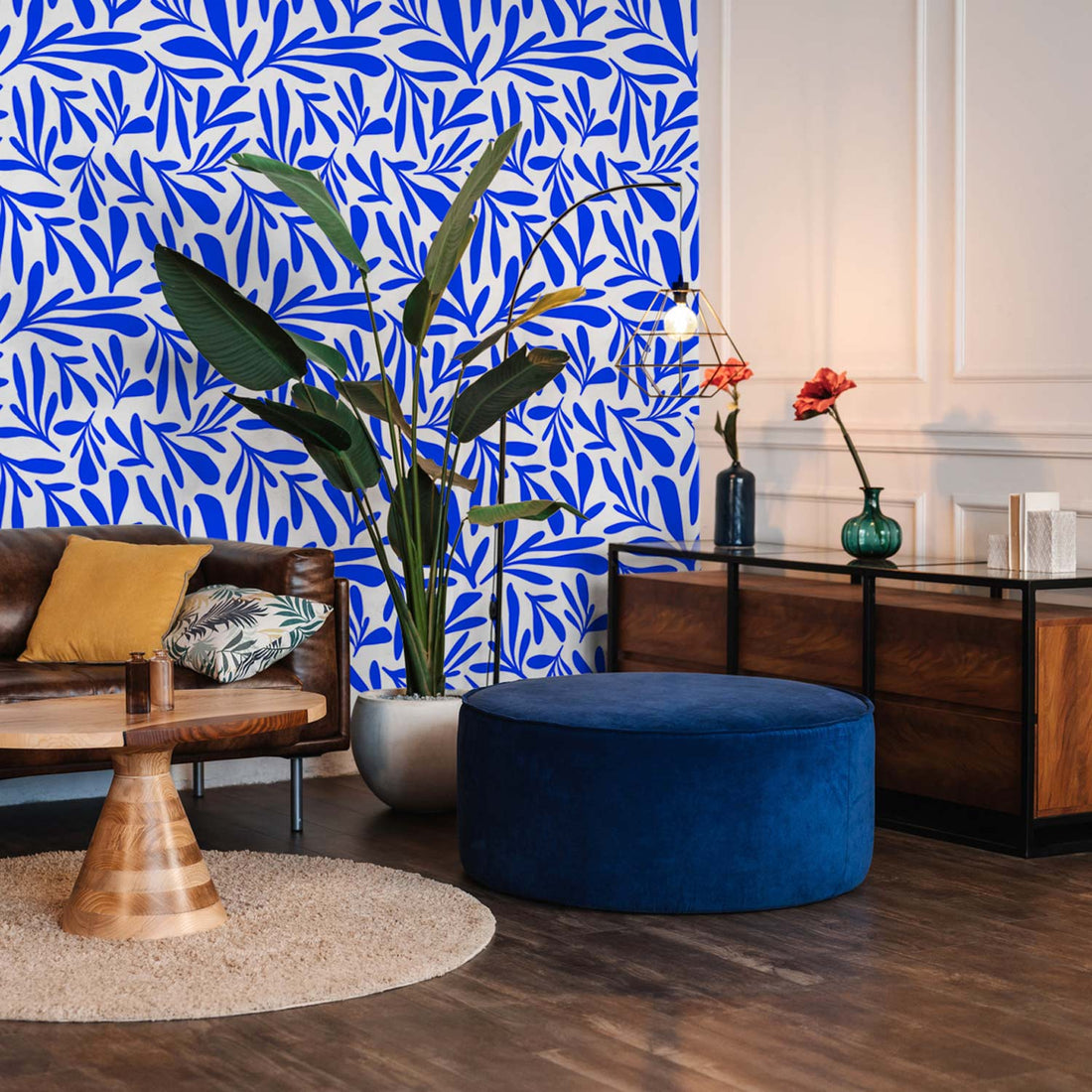 bright blue floral pattern wallpaper for living room design