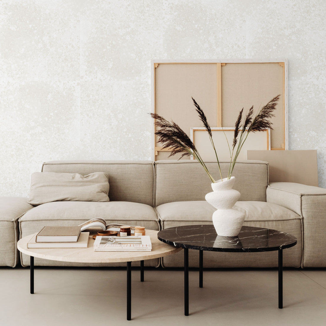 modern neutral color interior with faux concrete tiles wallpaper