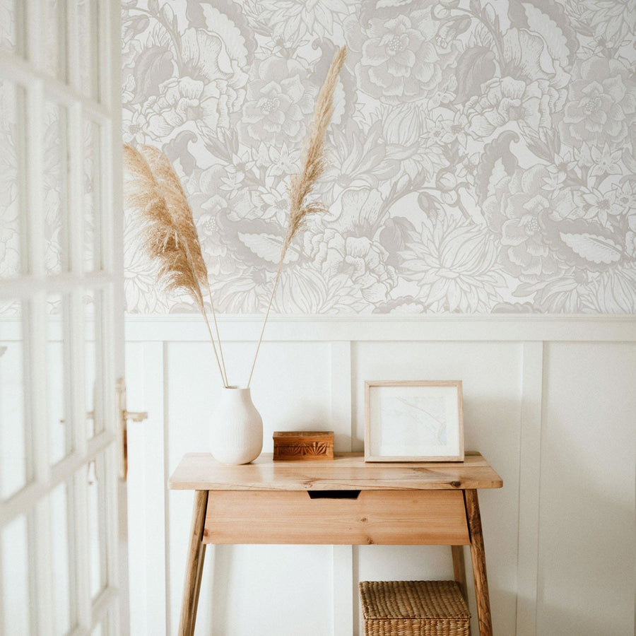 vintage neutral oversized floral wallpaper in entryway