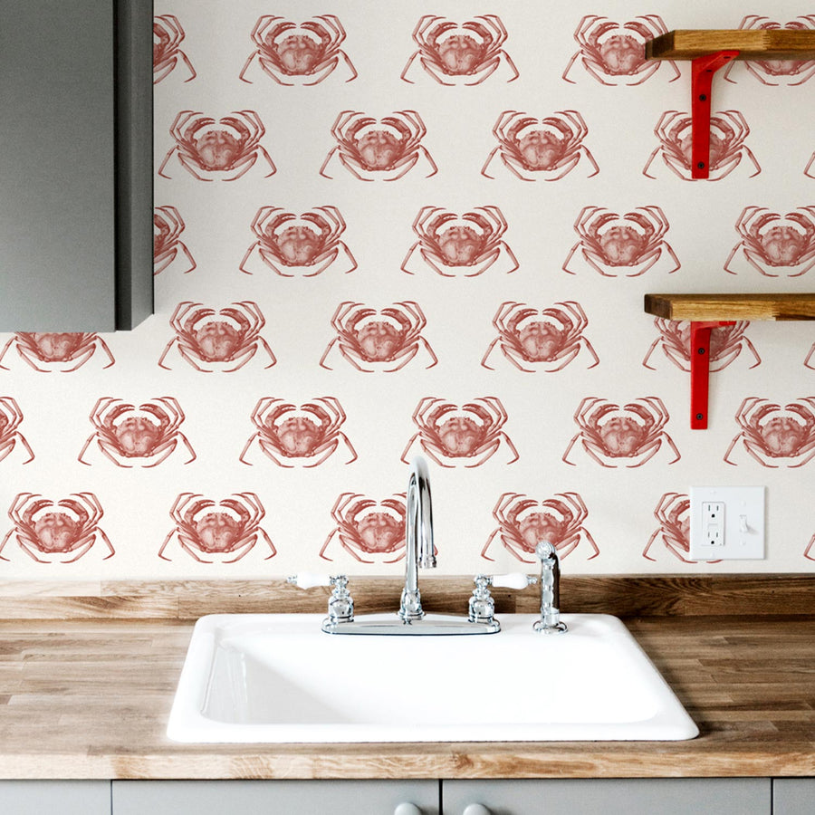 bright red crab coastal wallpaper for kitchen interior design