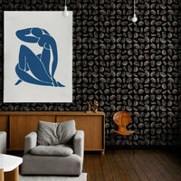 dark grey clam inspired living room wallpaper