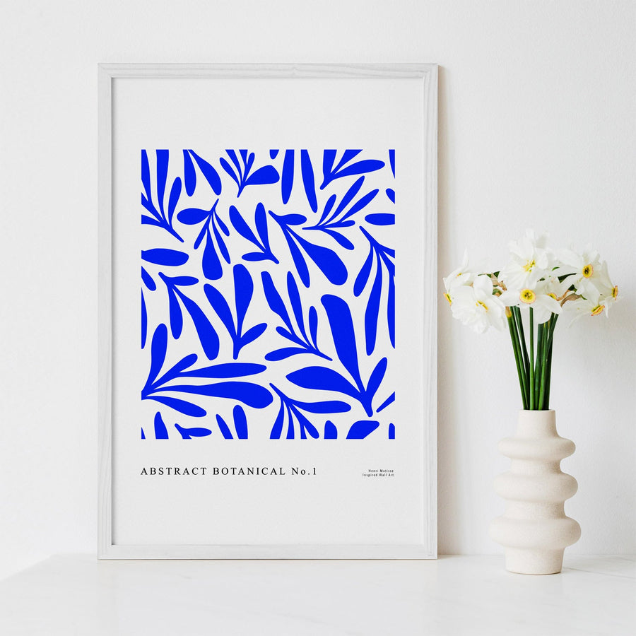 matisse inspired botanical leaves art print in indigo blue