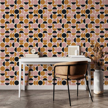 geometric circles wallpaper in retro colors for home office interior